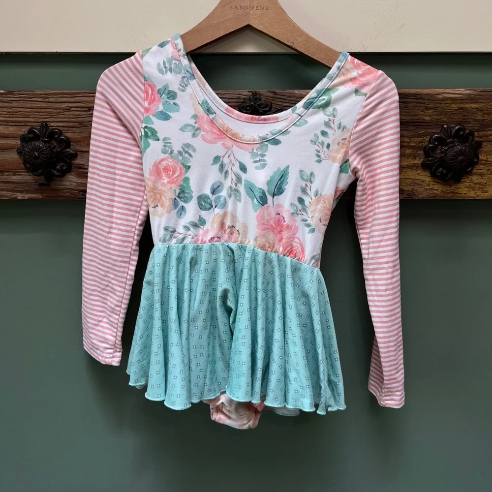Cheeky Plum Girls 6Y Floral Striped Mint Leotard Dress Long Sleeve Boutique